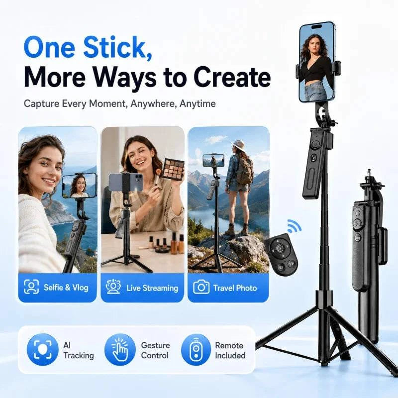 AI Face Tracking Selfie Stick Gimbal Stabilizer, Bluetooth Extendable Phone Tripod with 4-Axis Anti-Shake, Fill Light, Smart Aut