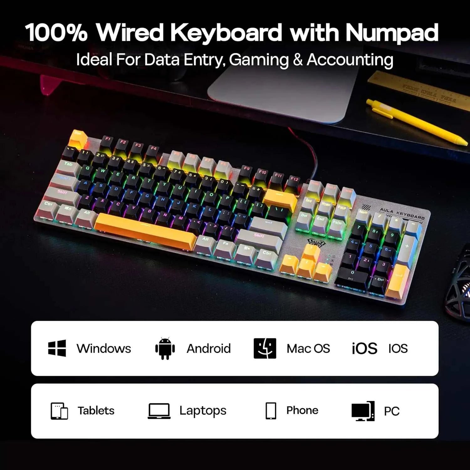AULA S500 100% Layout Wired Mechanical Gaming Keyboard 104 Keys Ergonomic RGB Backlight PBT Keycaps for PC E-sports Gamer