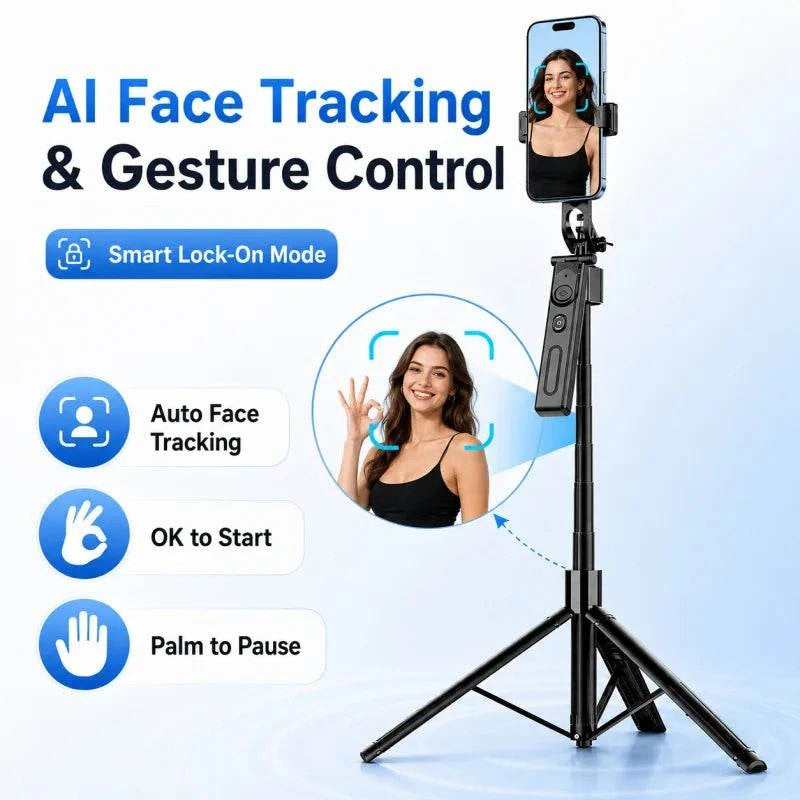AI Face Tracking Selfie Stick Gimbal Stabilizer, Bluetooth Extendable Phone Tripod with 4-Axis Anti-Shake, Fill Light, Smart Aut