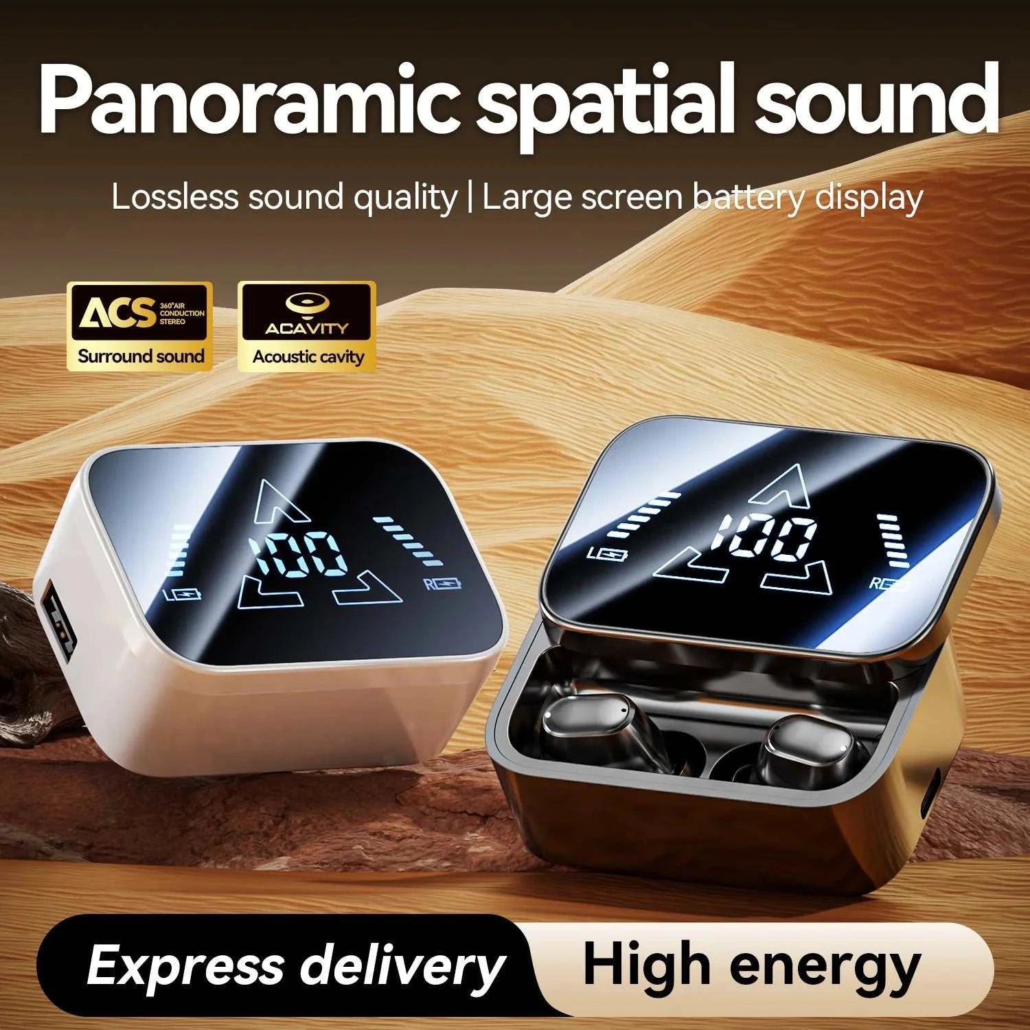 Bluetooth 6.0 In-Ear Headphones with Large Screen Display, Dual Mode Audífonos, Zero Latency Earphones for Gaming & Music