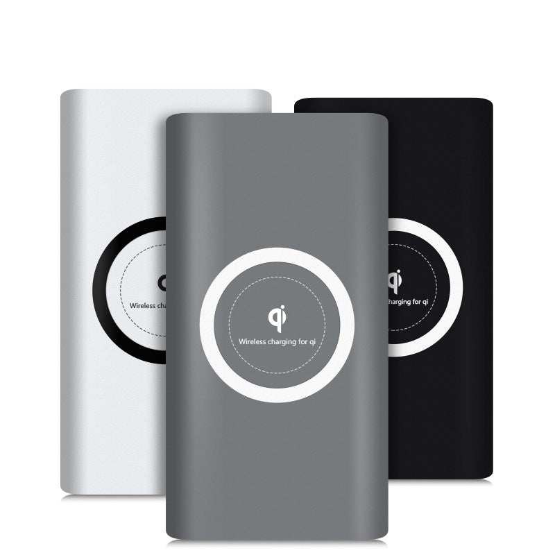 Portable power bank 10000mAh with multi-USB output in black, white, and gray colors