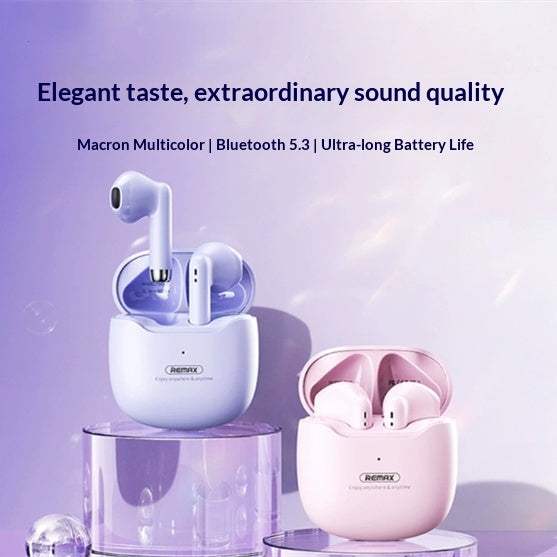 Mini Bluetooth headphones in various colors with wireless earbuds and charging case
