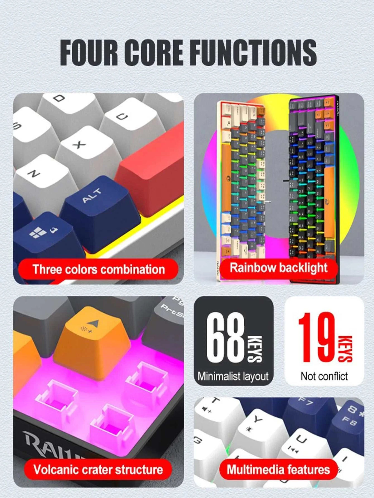 68-Key Mini Mechanical Usb Wired Gaming Keyboard, RGB Backlit Multi-Color, for Windows PC/Desktop/Laptops