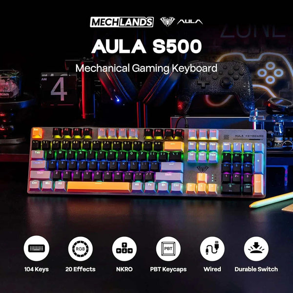 AULA S500 100% Layout Wired Mechanical Gaming Keyboard 104 Keys Ergonomic RGB Backlight PBT Keycaps for PC E-sports Gamer
