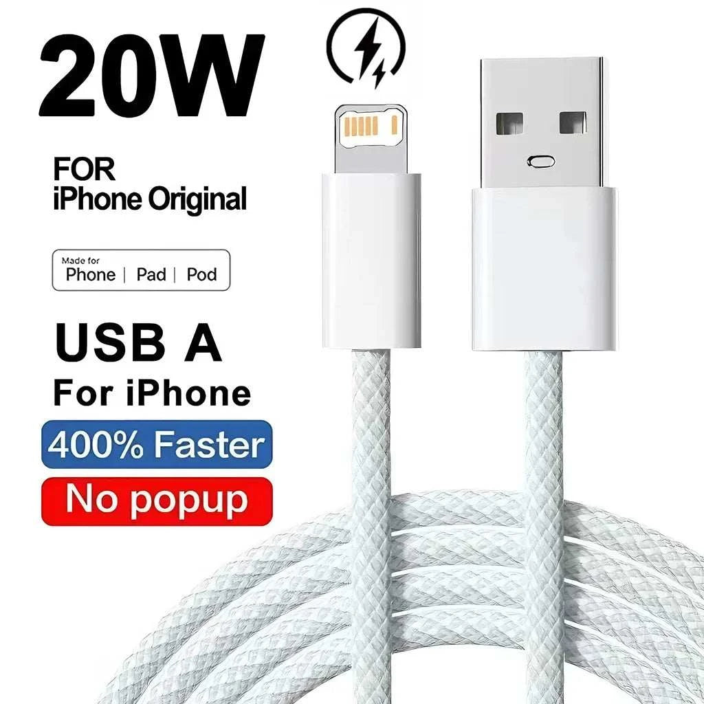 20W Braided Fast Charging USB Cable For iPhone X XR XS 6 6S 7 8 Plus 11 12 Mini 13 14 Pro Max  Rapid Charge Phone Cables 1m 2m