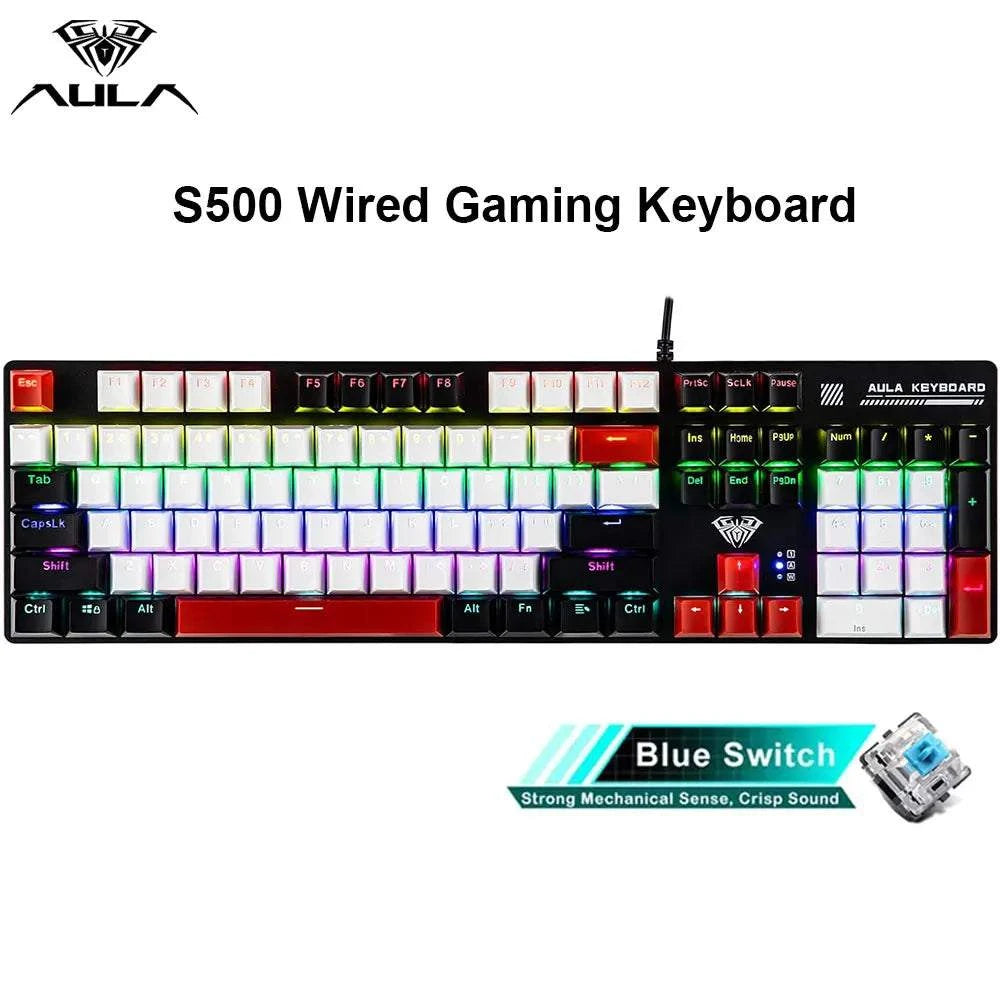 AULA S500 100% Layout Wired Mechanical Gaming Keyboard 104 Keys Ergonomic RGB Backlight PBT Keycaps for PC E-sports Gamer