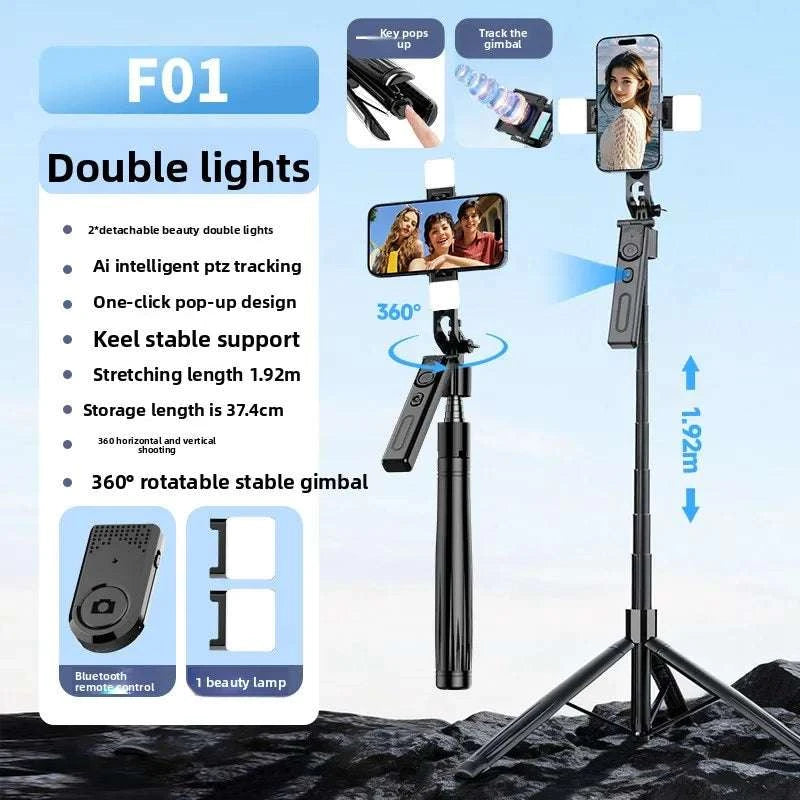 AI Face Tracking Selfie Stick Gimbal Stabilizer, Bluetooth Extendable Phone Tripod with 4-Axis Anti-Shake, Fill Light, Smart Aut