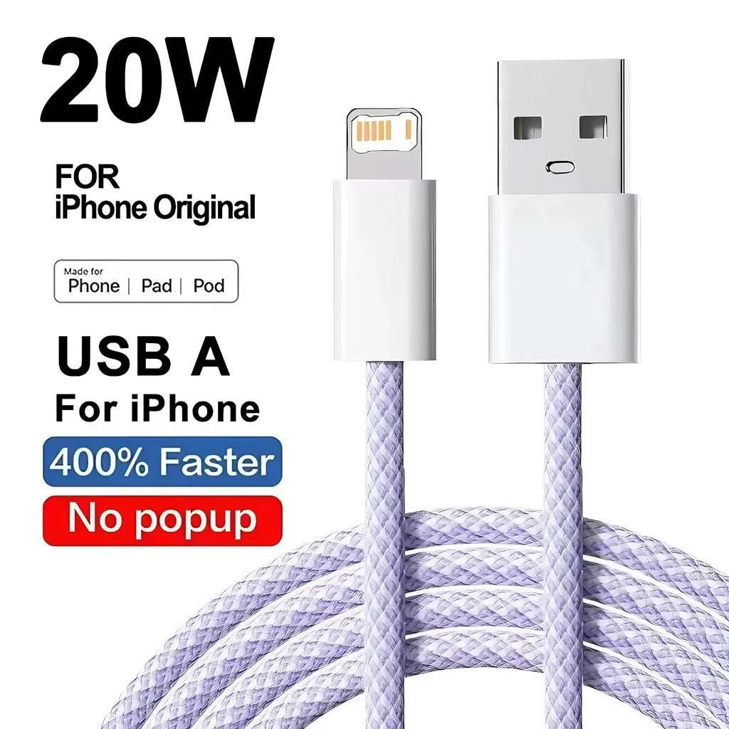 20W Braided Fast Charging USB Cable For iPhone X XR XS 6 6S 7 8 Plus 11 12 Mini 13 14 Pro Max  Rapid Charge Phone Cables 1m 2m
