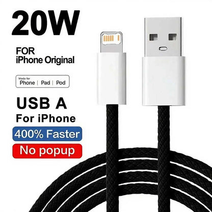 20W Braided Fast Charging USB Cable For iPhone X XR XS 6 6S 7 8 Plus 11 12 Mini 13 14 Pro Max  Rapid Charge Phone Cables 1m 2m