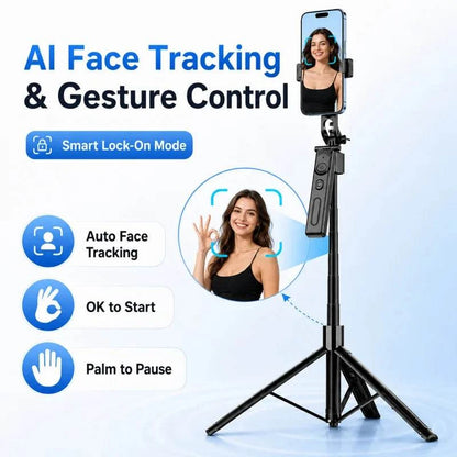 AI Face Tracking Selfie Stick Gimbal Stabilizer, Bluetooth Extendable Phone Tripod with 4-Axis Anti-Shake, Fill Light, Smart Aut