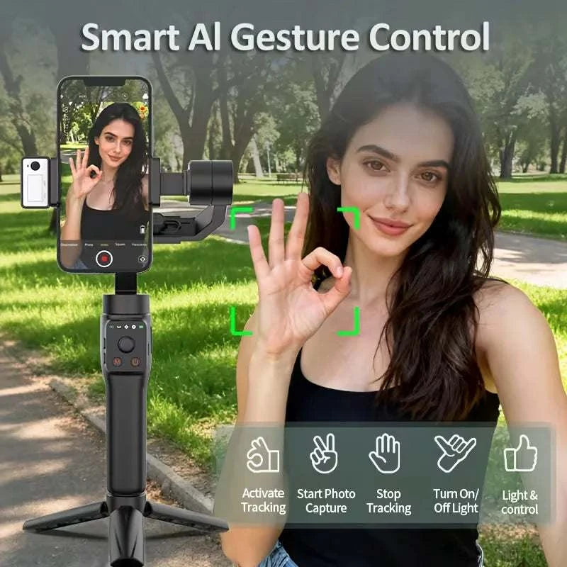QAML S6 3-Axis Gimbal Gesture Control &amp; Fill Light for Smooth Vlogs, Streams &amp; Selfies. Compact &amp; Durable, Perfect for Creator