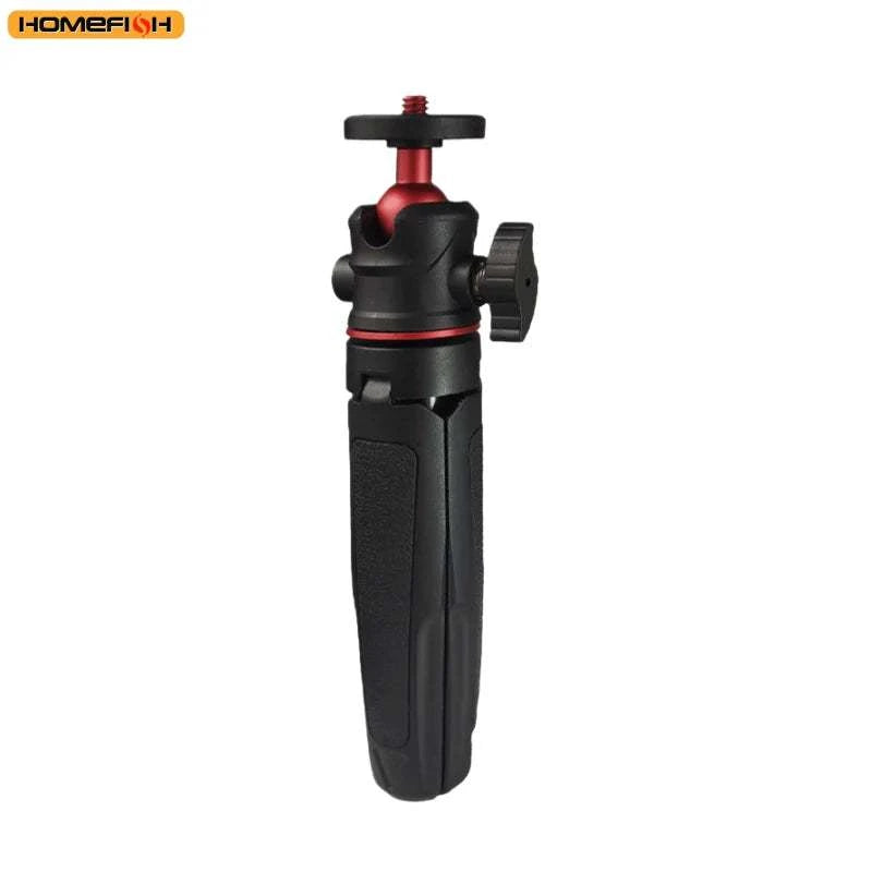 Portable extendable tripod for DSLR cameras, mobile phones, and desktops. Handle for live streaming.
