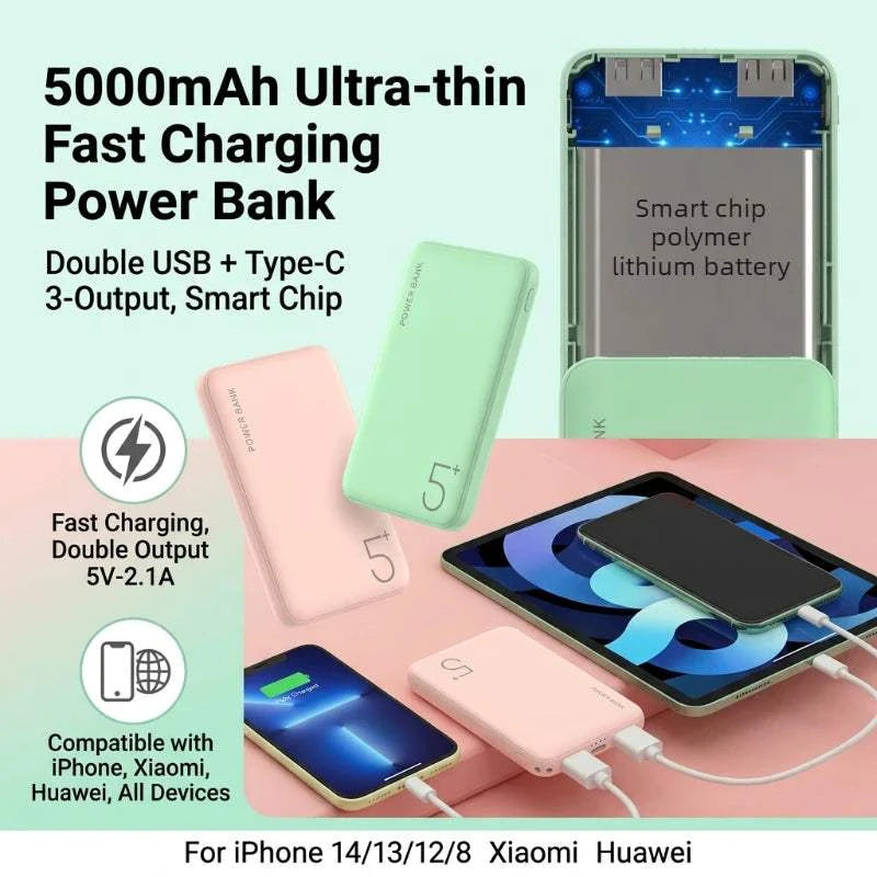 5000mAh Slim Portable Power Bank Dual USB Type C Fast Charging External Battery For iPhone Xiaomi Huawei Mobile Phone