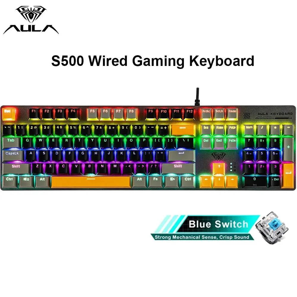 AULA S500 100% Layout Wired Mechanical Gaming Keyboard 104 Keys Ergonomic RGB Backlight PBT Keycaps for PC E-sports Gamer