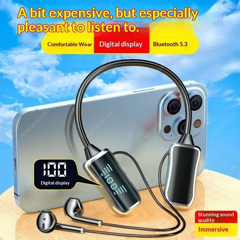Over-ear Bluetooth earbuds in black with digital display for sports and running