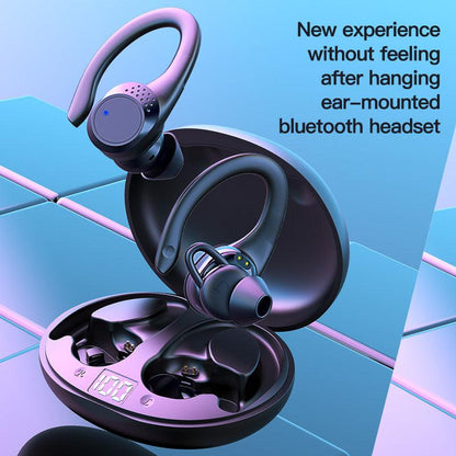 Black Bluetooth sports wireless noise-canceling earbuds with ear-hook design and deep bass