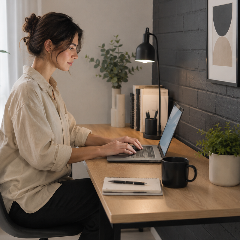 A woman sits at a wooden desk using a laptop in a modern home office setting with a black brick wall, plants, and a black desk lamp.