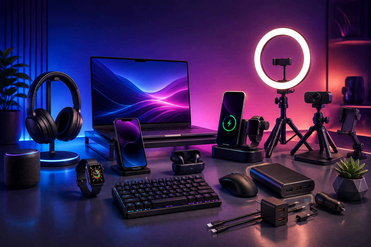 A styled desk setup in a dimly lit room featuring a laptop, smartphone, headphones, keyboard, mouse, power bank, camera on a tripod, and ambient LED lighting with blue and pink hues.